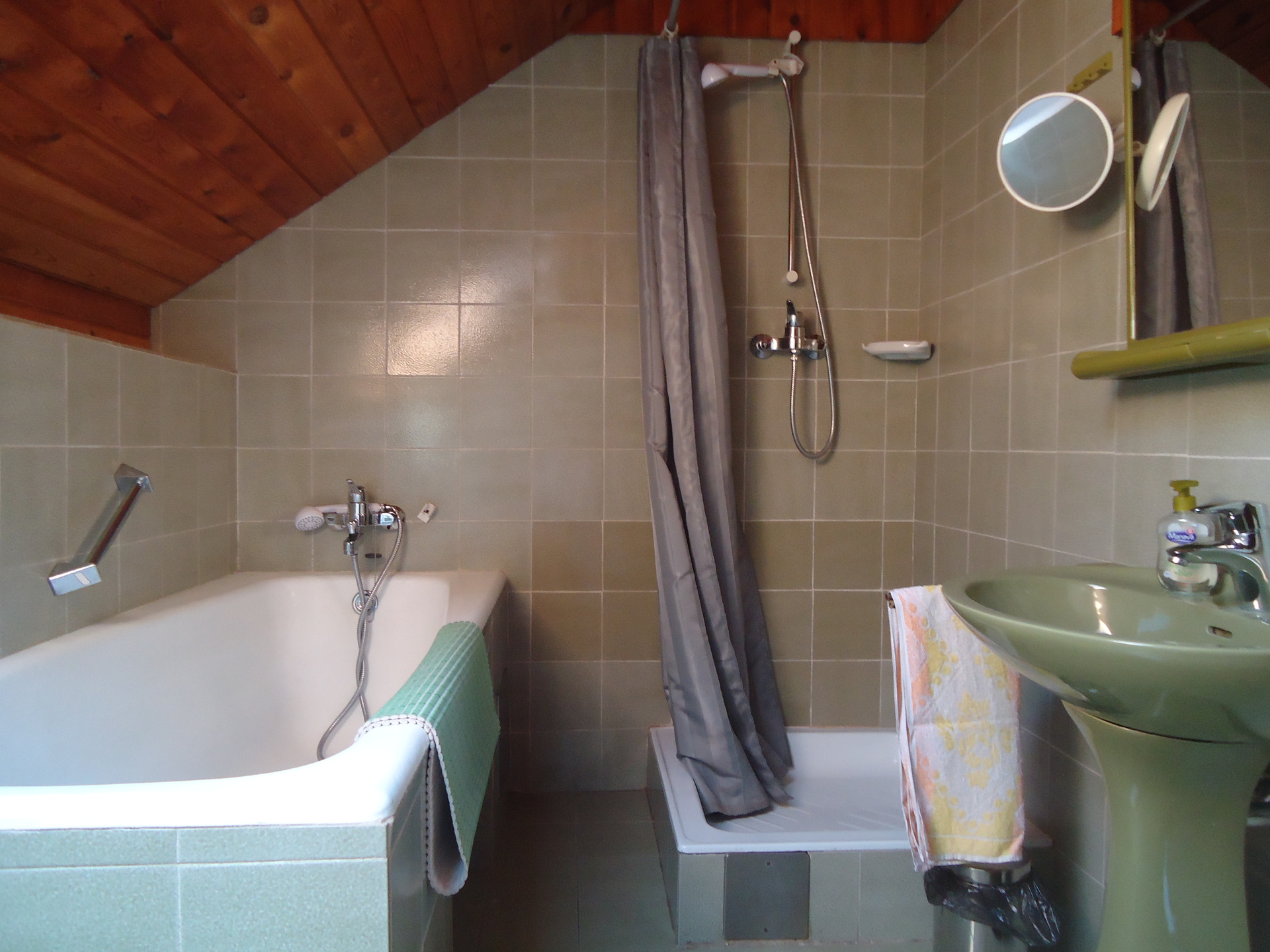 The bathroom with sink, shower and tub.